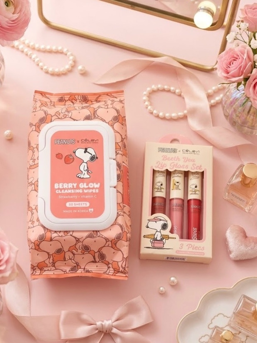 Peanuts x Celavi Berry Glow Cleansing Wipes and lip gloss